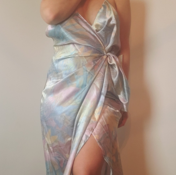 Vintage Liquid Satin Wrap V Neck Dress - Picture 14 of 16